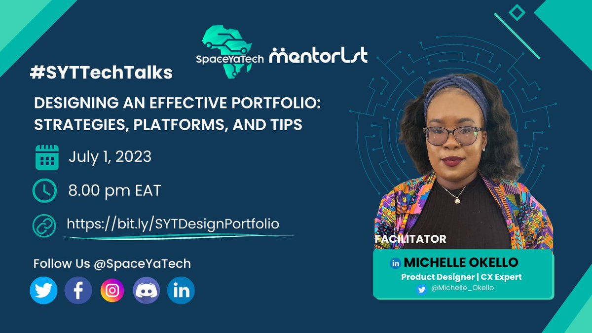 SpaceYaTech's tweet image. Join us for the weekend session of #SYTTechTalks on  &apos;Designing an Effective Portfolio: Strategies, Platforms, and Tips&apos; with  @Michelle_Okello, a talented product designer. Get ready to unlock the secrets to a standout portfolio! 
Don&apos;t miss out, RSVP now:…