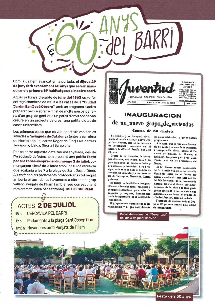 avvstjosepobrer's tweet image. 🍾🎂6⃣0⃣è ANIVERSARI DEL BARRI DE SANT JOSEP OBRER DE VALLS

🗝️El 29 de juny de 1963, avui fa 6⃣0⃣ anys, es van donar "simbòlicament" les claus de les primeres 8⃣9⃣ vivendes del nostre barri

Per això hem preparat una festa per aquest proper diumenge 2 de juliol:

🧵Segueix fil⬇️