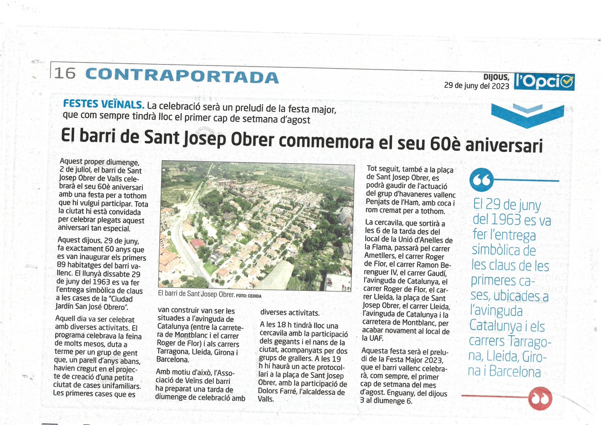 avvstjosepobrer's tweet image. 🍾🎂6⃣0⃣è ANIVERSARI DEL BARRI DE SANT JOSEP OBRER DE VALLS

🗝️El 29 de juny de 1963, avui fa 6⃣0⃣ anys, es van donar "simbòlicament" les claus de les primeres 8⃣9⃣ vivendes del nostre barri

Per això hem preparat una festa per aquest proper diumenge 2 de juliol:

🧵Segueix fil⬇️