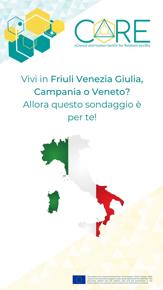Ciao,

Stiamo conducendo un sondaggio anonimo per confrontare la cultura della sicurezza in diversi Paesi. Il tuo contributo è importante per prevenire e ridurre i danni dei disastri.

Vivi in Friuli Venezia Giulia, Campania o Veneto e Lavori in un ente pubblico e ti occupi di...