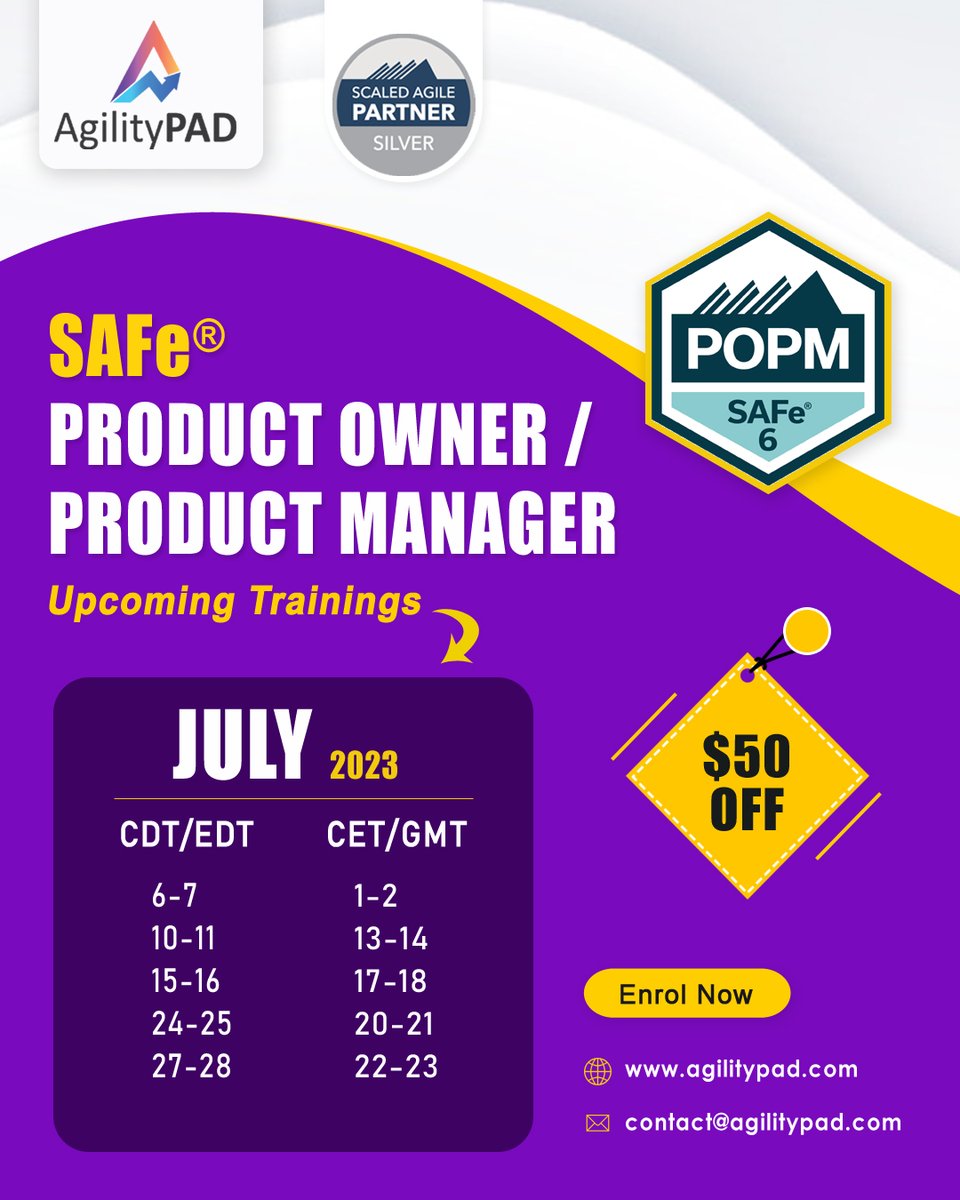 Enroll Now for Upcoming SAFe® Product Owner & Product Manager (POPM) Certification in July 2023.
✅ Get $50 OFF!

agilitypad.com/safe-product-o…

#agilitypad #productowner #productmanager #projectmanager #training #lean #agile #agility #london #scrummaster #agileprojectmanagement