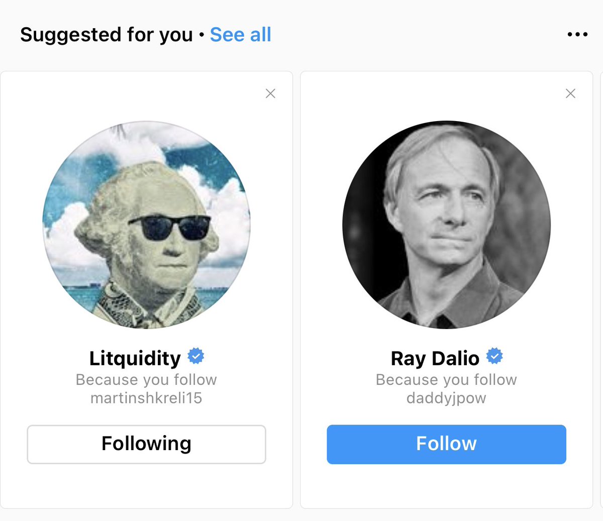 IG suggestions are on point today 🤣

<a href="/litcapital/">litquidity</a> <a href="/marty_catboy/">Martin Shkreli (e/acc)</a> <a href="/RayDalio/">Ray Dalio</a> <a href="/alifarhat79/">Not Jerome Powell</a>