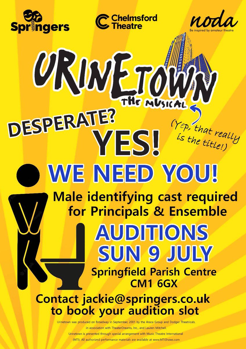 We need male identifying performers for Named Roles and Ensemble for our November show, Urinetown.

If you would like more info please email Jackie@springers.co.uk

Wee-Wee’d love for you to join us 🪠

#Springers #Urinetown #AmDram #SupportLocalTheatre #WeeWeeNeedYou