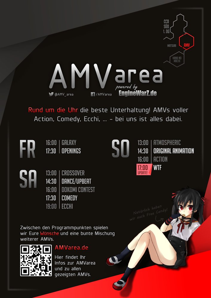 DoKomi's tweet photo. ++++ AMV AREA ++++

The AMVarea awaits you this year with 11 programme items, and Atmospheric is a new addition. 
And make a reminder: the award ceremony of the AMV contest will take place on Saturday at 4 pm! https://t.co/U5I3dtBXv7