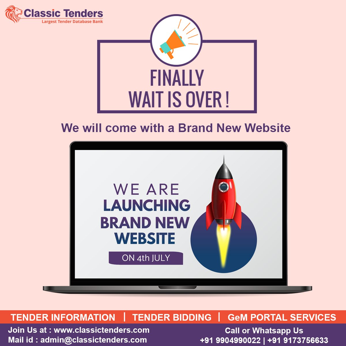 Wait is Over We will come with Brand New Website 
Launching Date 4th July for more update stay tune with us !

#classictenders #websitelaunch #newwebsite  #websitelaunchevent #tender #tenderbidding #tenderservices #tendersubmission #gemregistration
#ahmedabad