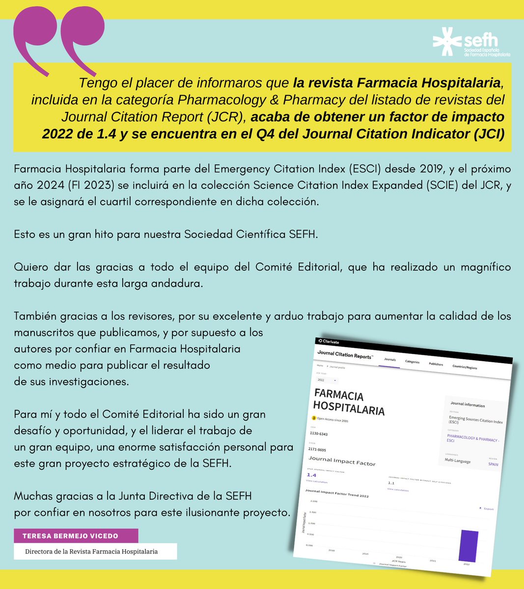 ❗️❗️Excelentes noticias

Estamos emocionados de anunciar q la #RevistaFarmaciaHospitalaria <a href="/farm_hosp/">Farmacia Hospitalaria</a> acaba de obtener un factor impacto 2022 = 1.4 y está en Q4 del Journal Citation Indicator (JCI)

Enhorabuena a todo el Comité Editorial, revisores y autores por el gran hito 👏🏻👏🏻