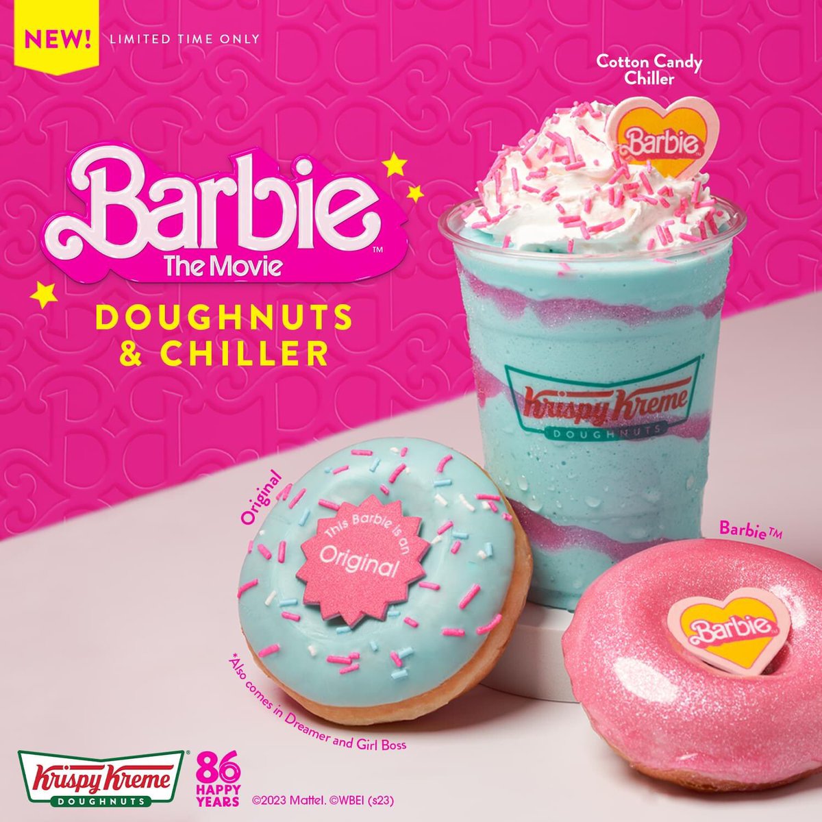 Vonnerrs's tweet photo. Krispy Kreme Philippines x Barbie OMG FINALLY A PROPER PROMOTION FOR THE MOVIE OF THE CENTURY!!!! starting july 01 i think?

₽70 per doughnut, ₽169 for the chiller! https://t.co/9O7AZkQX0O
