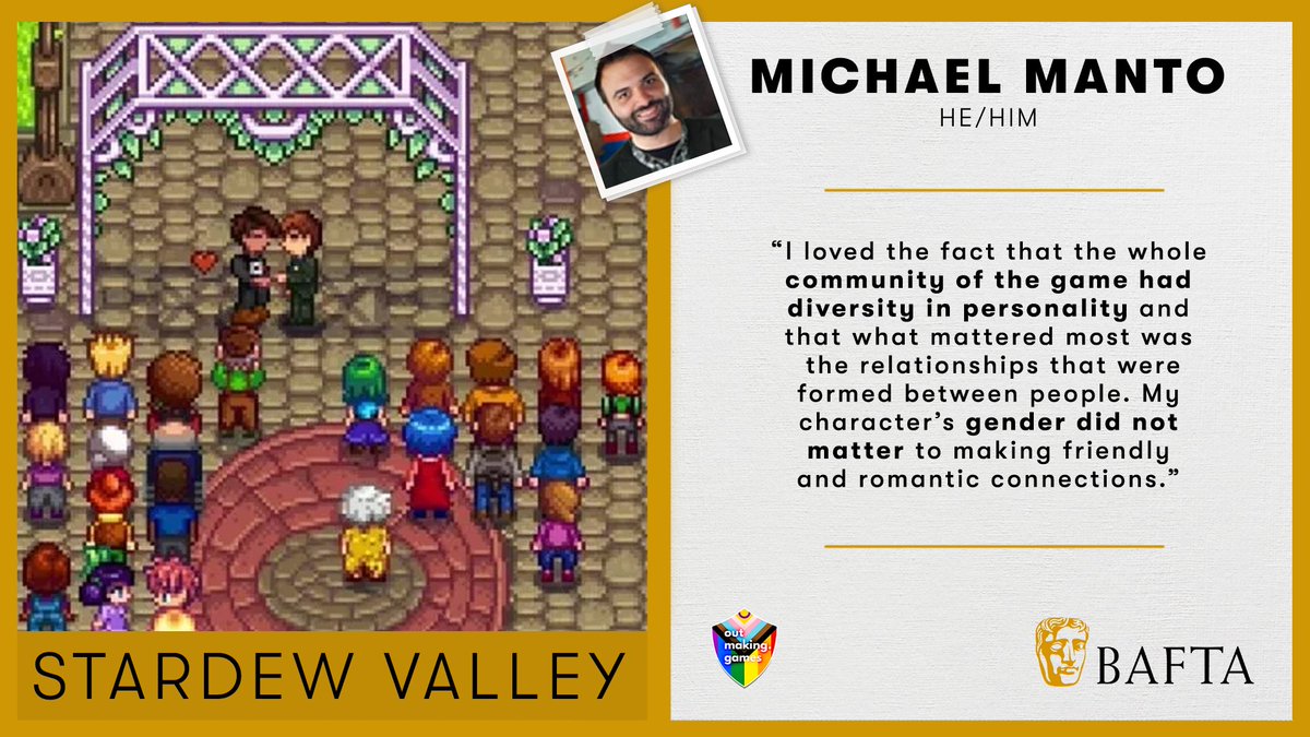 BAFTAGames's tweet image. Michael’s choice is Stardew Valley where gender doesn’t factor into making connections.

#Pride2023 @OutMakingGames