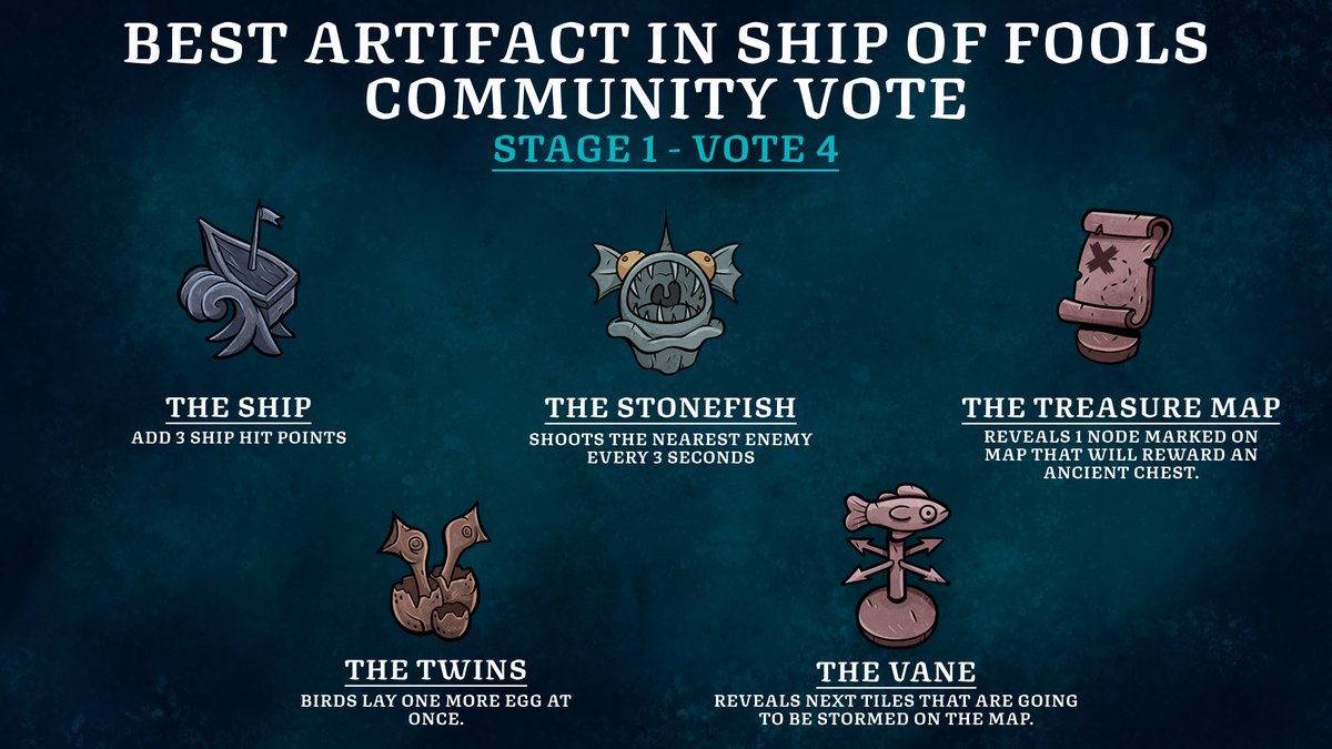 For our fourth vote, please choose between
- The Ship
- The Stonefish
- The Treasure Map
- The Twins
- The Vane

Vote here👉 strawpoll.com/wby5Ae5k7yA

The two most popular choices will advance to the next stage!💪