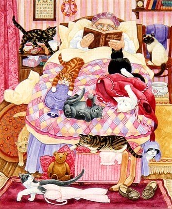 This is funny 
Artist Linda  Benton 
‘Grandma and 10 cats in the bedroom