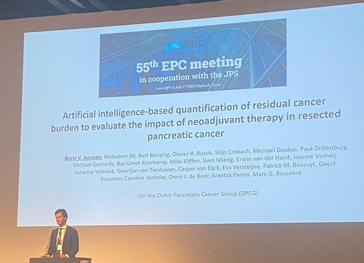 @EurPancClub #EPC2023 @BorisJanssen on behalf of @PHAIRconsortium! AI residual cancer burden (RCB) to evaluate impact of NAT in resected pancreatic cancer! RCB 🔬 NAT vs. upfront: 2.2 vs. 10.3 mm2 p<0.0001 Survival 📈 Above vs. below median RCB: 24 vs. 30 months. p=0.018