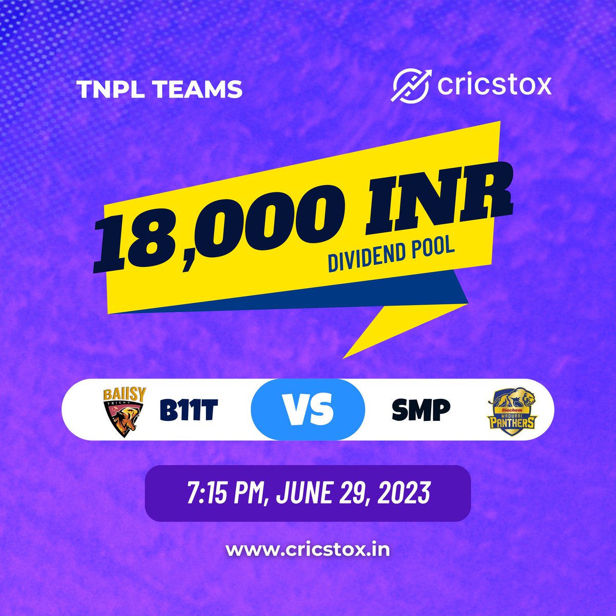 CricStox's tweet photo. 📢Get ready for an action-packed showdown in the #TNPL2023  series tonight! 📈

The stage is set, and the excitement is building up as these teams battle it out for a chance to claim the ₹18,000 #dividend pool! 💰
 
📥 Download the @CricStox  app now! 📥 https://t.co/YPnTl00Wh6 https://t.co/xNKHd6DqNL