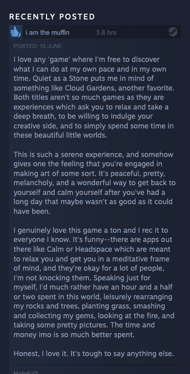 A muffin (indeed ~the~ muffin) posted a lovely review of Quiet as a Stone. So I'm doing the thing where you share a review of a thing you made years ago.

store.steampowered.com/app/872060/Qui…