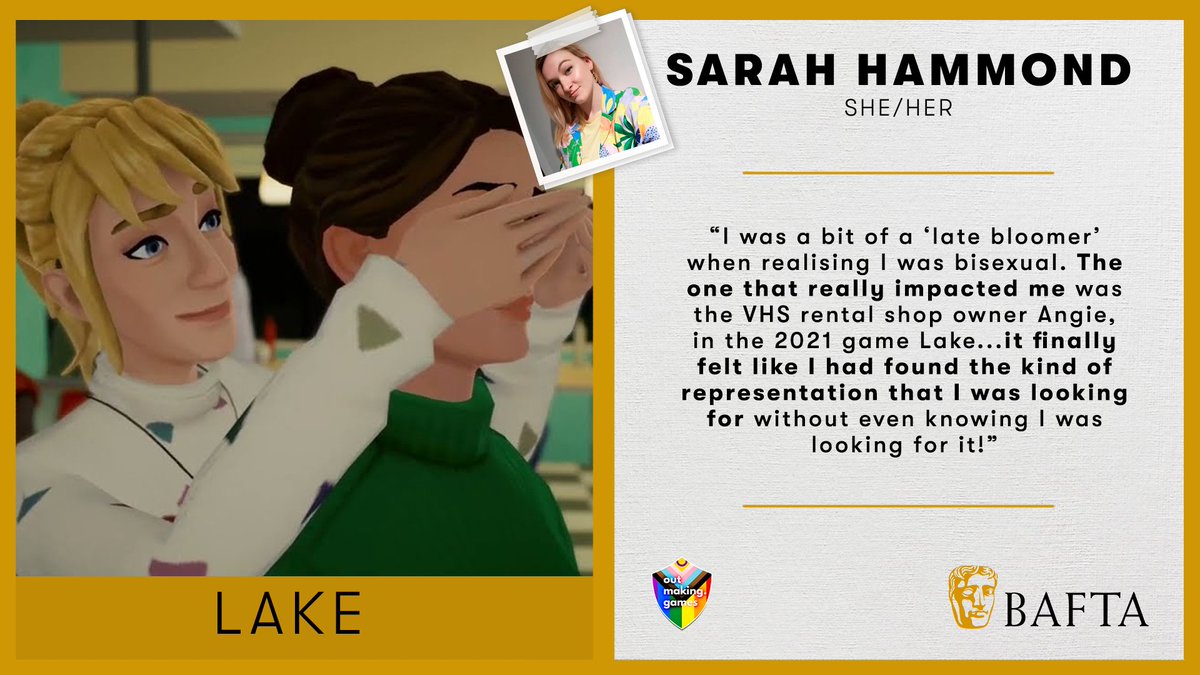 BAFTAGames's tweet photo. Sarah stumbled upon the representation she was unknowingly looking for in the character Angie in Lake.

#Pride2023 @OutMakingGames https://t.co/8IzFdBo6KV