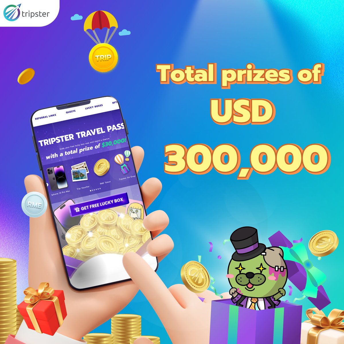 We have 2 Lucky boxes to get the prize

🎁Digital Box
Web3 Rewards :
1 ETH , Bluechip NFT , NFT Tripster , RME token

🎁Giftset Box
Physical Rewards :
iPhone 14 Pro Max, 5 Star Hotels,Travel Activity, RME token