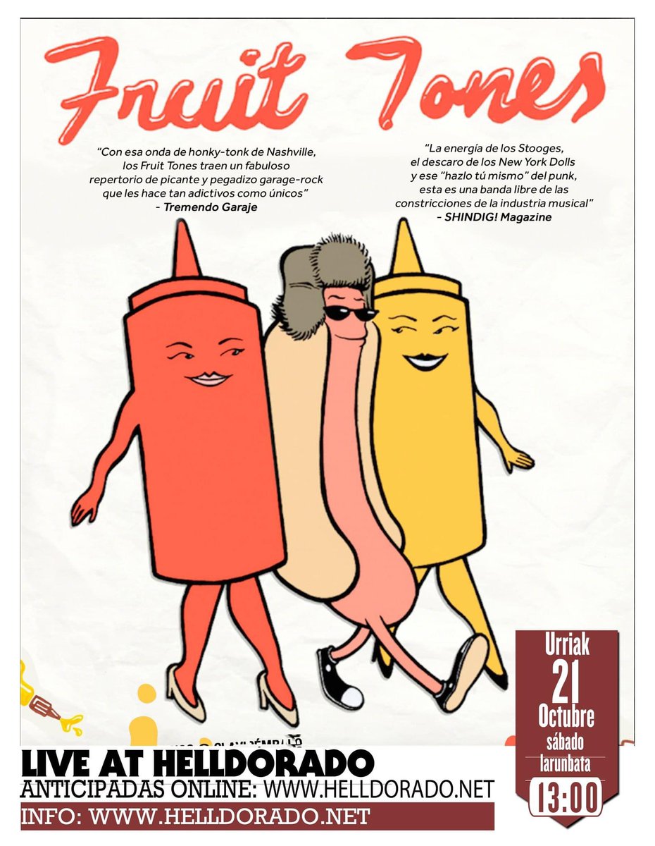 @fruittones 
Urriak 21 octubre, 13:00

Sarrerak dagoeneko salgai 

#helldoradovermutsessions #helldoradogasteiz