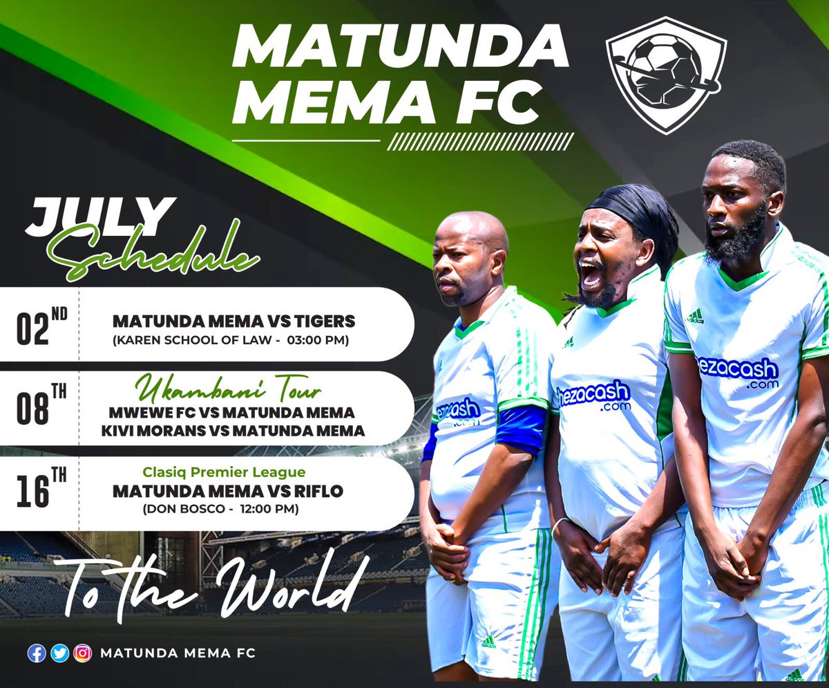 matundamemafc's tweet photo. As the new month approaches, here's our July schedule.
Time to protect the Goal, the Brand and the Fruits. 
@TigersFC01 we hope you have an affinity for fruits. 
@riflo 3points secured already.

#MatundaNiMema
#Ambassadorsofgoodfootball
#MMFC https://t.co/6BskFhhHU9