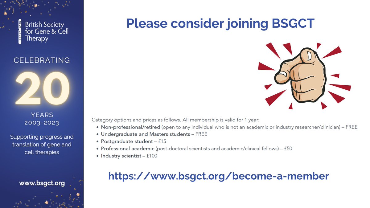 <a href="/_BSGCT/">BSGCT</a> <a href="/genetherapynet/">Gene Therapy Net</a> <a href="/CGT_Insights/">Cell & Gene Therapy</a> <a href="/HGTJournal/">Human Gene Therapy</a> <a href="/alanlparker/">Alan Parker</a> <a href="/IvanaBarbaric3/">Ivana Barbaric</a> <a href="/Dr_RKarda/">Raj Karda</a> <a href="/DrGiuliaMassaro/">Giulia Massaro</a> <a href="/carlymaybliss/">Dr. Carly Bliss</a> <a href="/BeataCordle/">Beata Surmacz-Cordle</a> This series of tweets highlights <a href="/_BSGCT/">BSGCT</a> history, activities,  successes, support, awards &amp; people. Membership is critical to being representative of the community &amp; revenue (but we keep fees low &amp; have free categories). Please consider becoming a member: bsgct.org/become-a-member