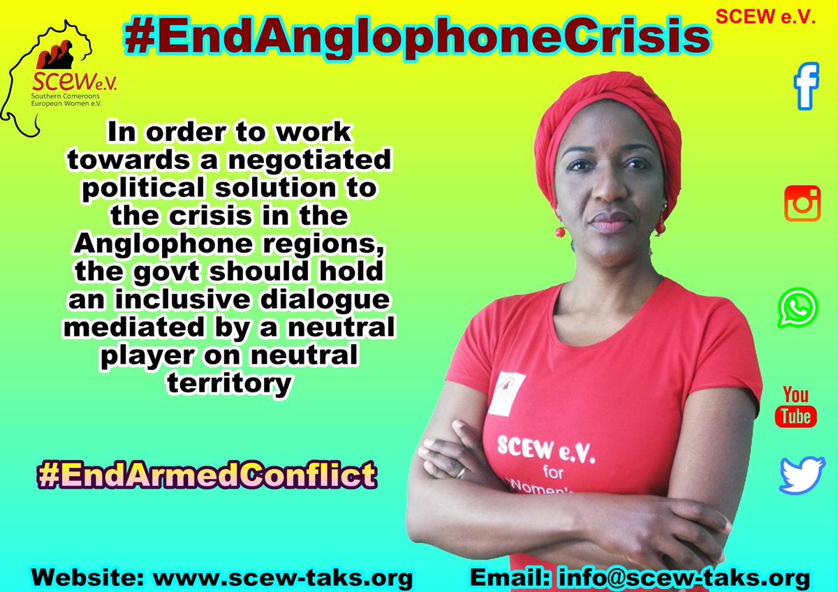 ScewTaks's tweet photo. We urge the govt of #Cameroon to hold an inclusive dialogue mediated by a neutral player on neutral territory.
#EndAnglophoneCrisis and initiate #Peacetalks
#diasporawomeninaction  #DWiA
#UnityIsStrength
#Womensrights
#WomenEmpowerment
#TalksNotBlood
@melaniejoly @hrw @unsc https://t.co/39i1UxrR3T