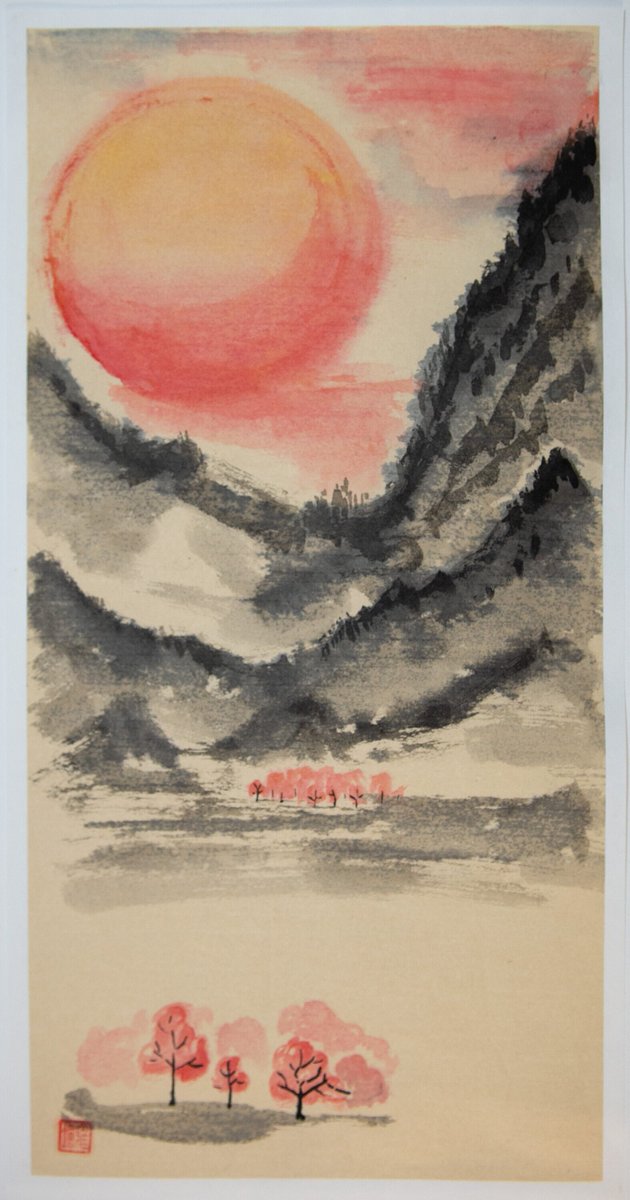 DoomandGloom10's tweet photo. Latest addition to my #etsy shop: Sunset over mountains and cherry tree orchards. Ink and watercolours on coloured rice paper. Traditional Japanese/Chinese art. https://t.co/fwiyX7TUP3 #pink #black #unframed #office #coastaltropical #landscapescene https://t.co/zBUCb2VWnC