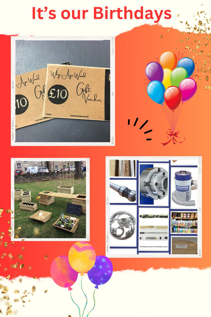why_ayewood's tweet photo. We are 5 Today in our woodworking business and 3 in the Woodturning shop so if you buy anything between Today and Saturday either instore or online you shall be entered into our free prize draw to win £20 voucher 🥳  🎂 https://t.co/iiqUXTFsuq