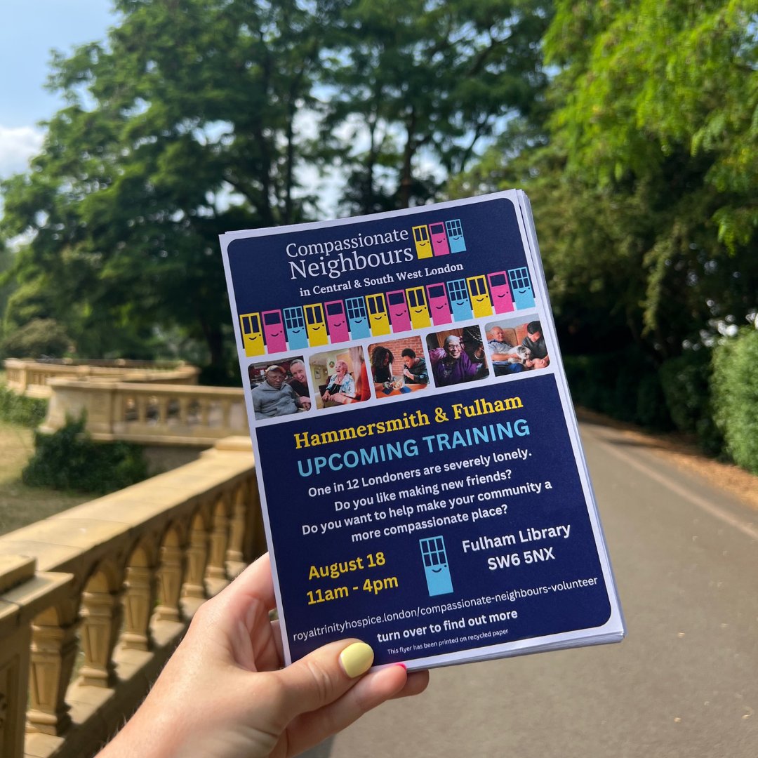 trinityhospice's tweet photo. Our #CompassionateNeighbours team have been spreading the word in Hammersmith &amp; Fulham about our upcoming training at Fulham Library. 

If you're a Hammersmith &amp; Fulham resident interested in becoming a Compassionate Neighbour, please get in touch: https://t.co/2DyztATVWh https://t.co/cGgcygO9wI