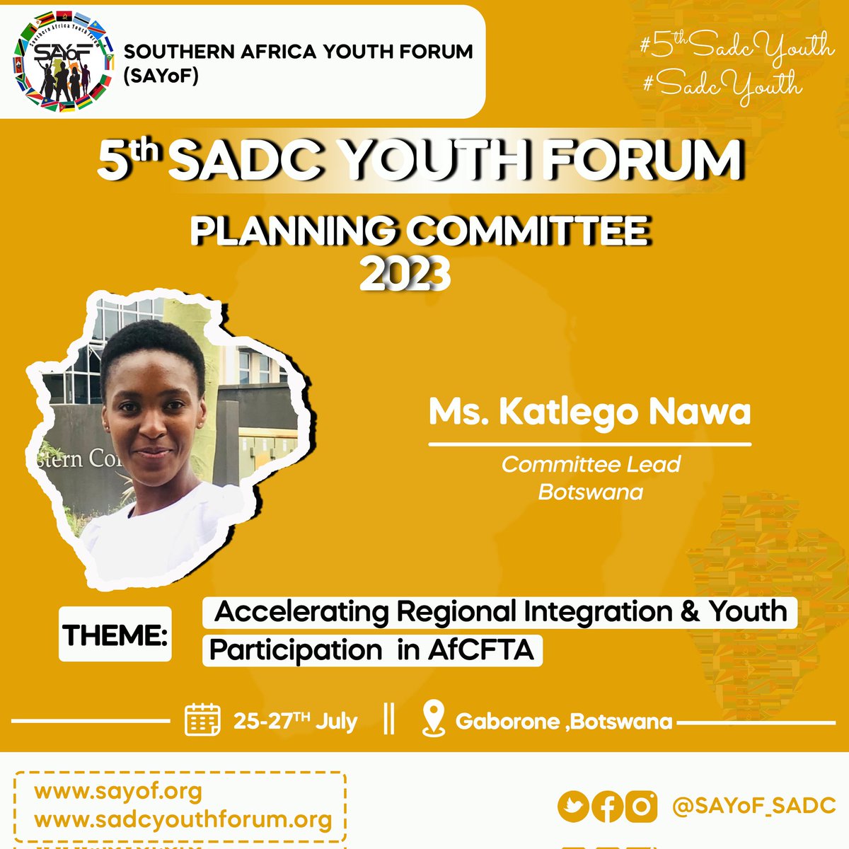 📢 Exciting news! Ms. @KatlegoNawa takes the lead as the #5thSADCYouthForum Planning Committee unveils the theme 'Accelerating Regional Integration and Youth Participation in AFCFTA'.Get ready for a dynamic forum that ignites progress and empowers youth voices!🎉🔥#SADCYouth
