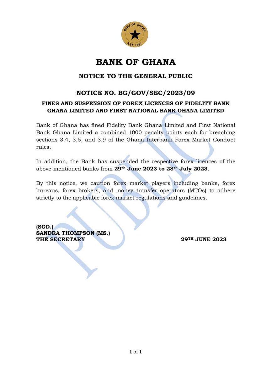 AffulHetty's tweet photo. Bank of Ghana suspends Forex Licences of Fidelity and First National Bank Limited. https://t.co/hJ4R7IRmef