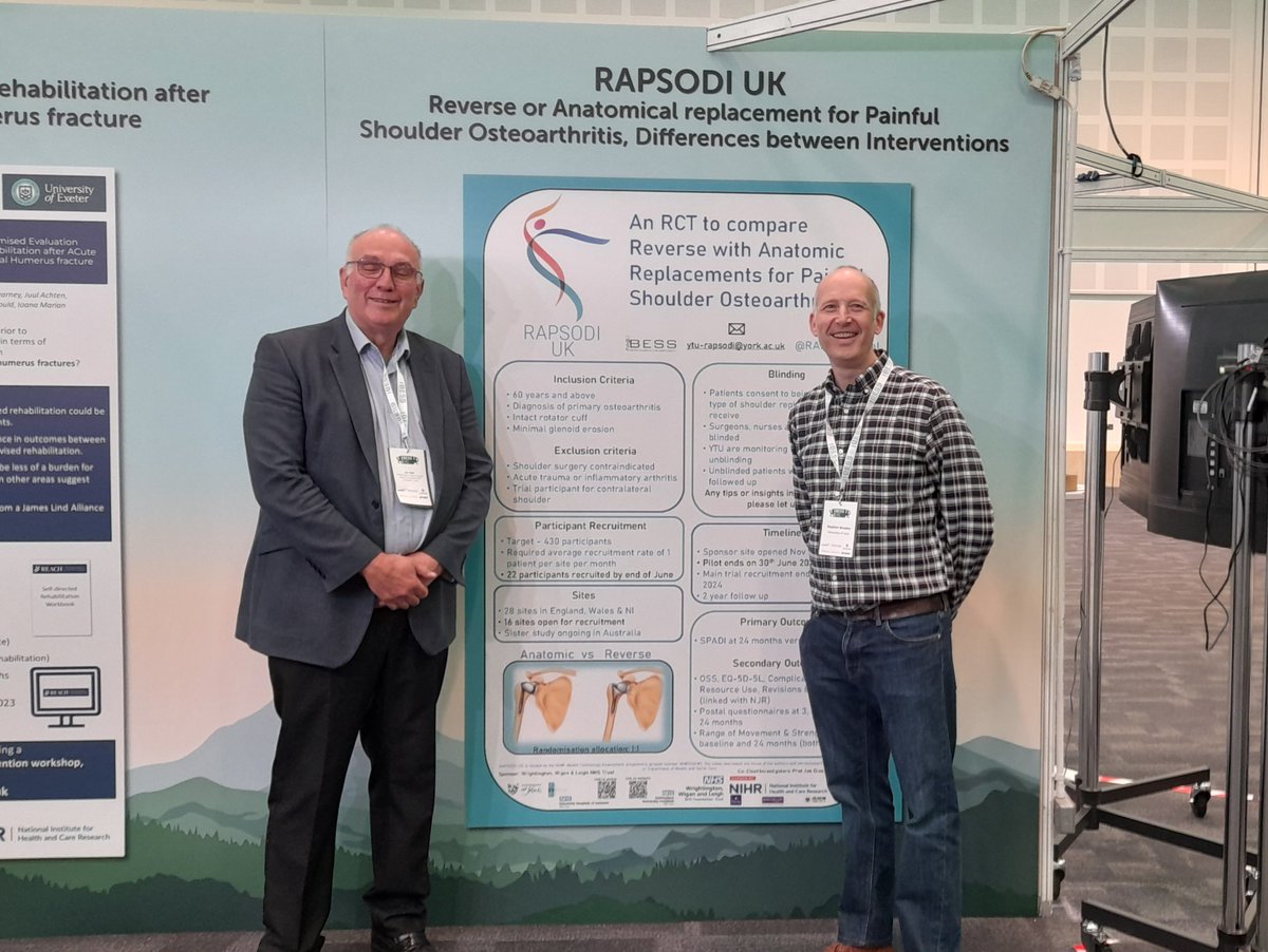 Our joint Chief Investigator Prof Ian Trail and Trial Manager Dr Stephen Brealey with our poster @bessconference in Wales 🏴󠁧󠁢󠁷󠁬󠁳󠁿 #bess2023 

We have a combined lunch session for the RAPSODI & DIDACT studies - Room 3E from 12:50pm today - open to any PIs, physios & interested sites 💚