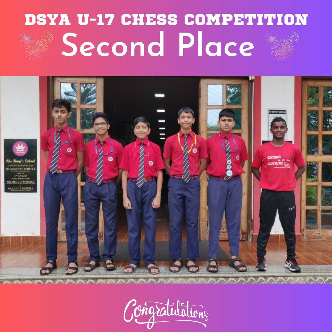 thekingschool's tweet photo. Congratulations to our U17 boys chess team for securing Second place in the Taluka level DSYA Chess Competition.
1. Edrick Vaz 9 D
2. Vivaan Ballikar 10 A
3. Jonathan DSouza 10 C
4. Samarth Naik 10 D
5. Neil D Silva 10 A
Well done, we are proud of you all!
#dsya https://t.co/R4IpgFfC7T