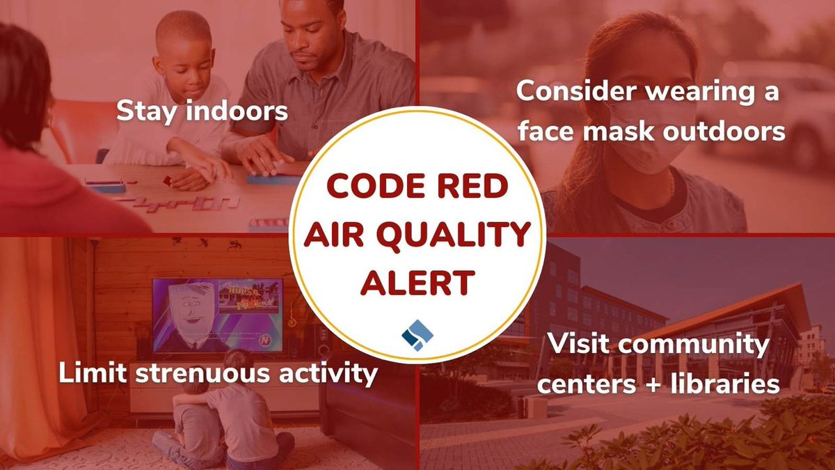 The County is under a #CodeRed #AirQualityAlert today, 6/29. Air quality conditions are at unhealthy levels. Protect your health:
🏘️ Stay inside; close windows
😷 Wear KN95/N95 masks outside
📺 Limit activity
🏢 Visit libraries + community centers for free + fun indoor spaces