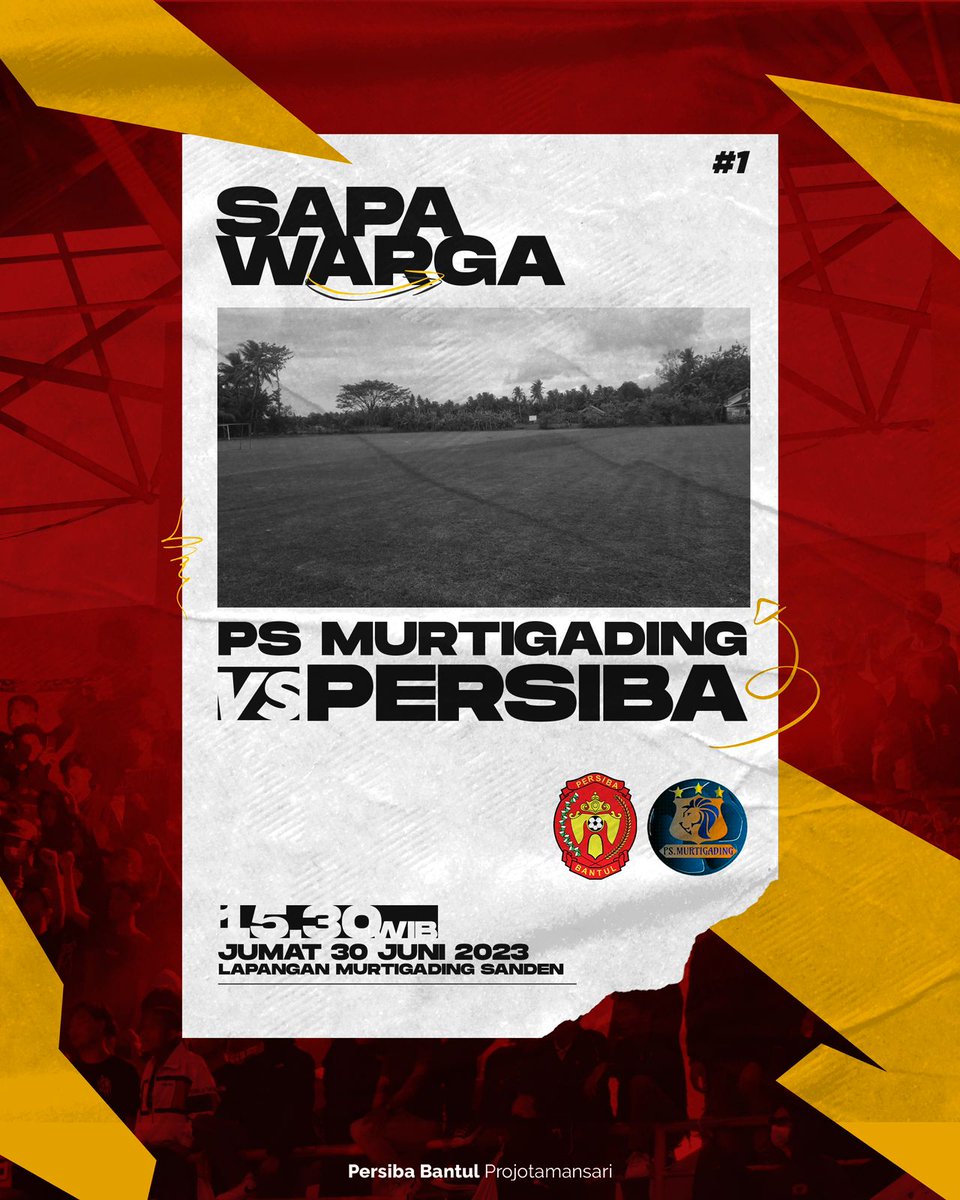 Persiba's tweet photo. Sapa Warga, kembali!

Ujicoba bertajuk #SapaWarga ke beberapa Kapanewon di Kabupaten Bantul. Perdana, Persiba akan menyapa warga Sanden &amp; sekitarnya Jumat, 30 Juni 2023 di Lapangan Murtigading.

Ramaikan &amp; ajak sanak family ke Murtigading  ✨

#PersibaBantul #COYLSA #SapaWarga https://t.co/99xIRkZ8oX