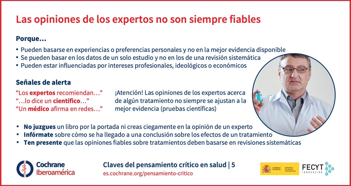 ⚠ Las opiniones de los expertos no siempre son fiables

✅ Pueden estar influenciadas por intereses profesionales o económicos
✅ No siempre se basan en lo que dicen el conjunto de estudios relevantes
✅ Pueden no tener en cuenta otras alternativas