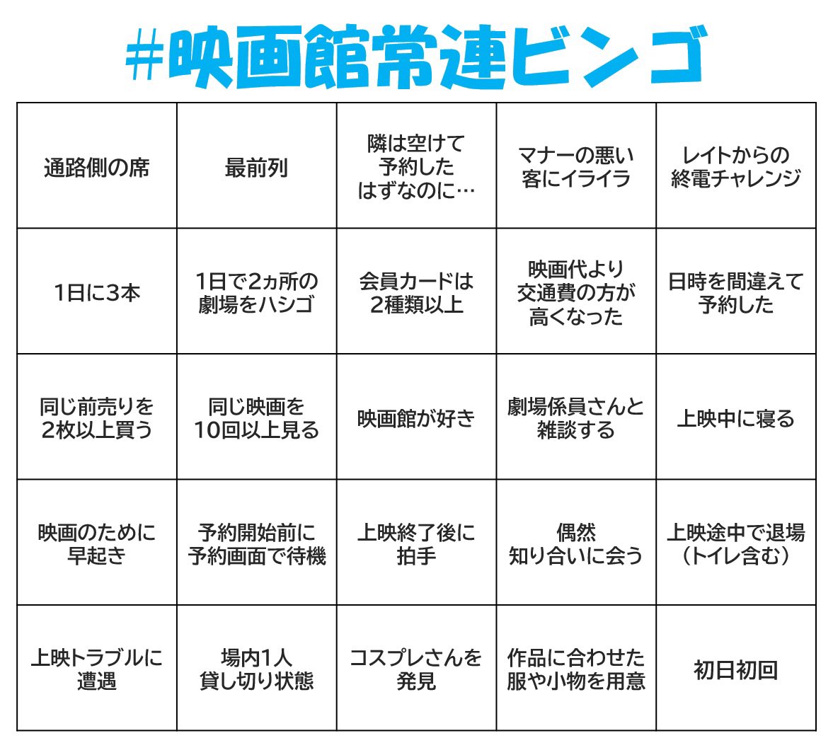 #映画館常連ビンゴ
面白い！トラブルには幸い遭遇したことないな。
数人はあれど1人貸切はない。劇場係員さんと雑談もない。それ以外はあるな。
レイトから終電もあれば、始発待ちもあった。 https://t.co/kFSZxN2Czy