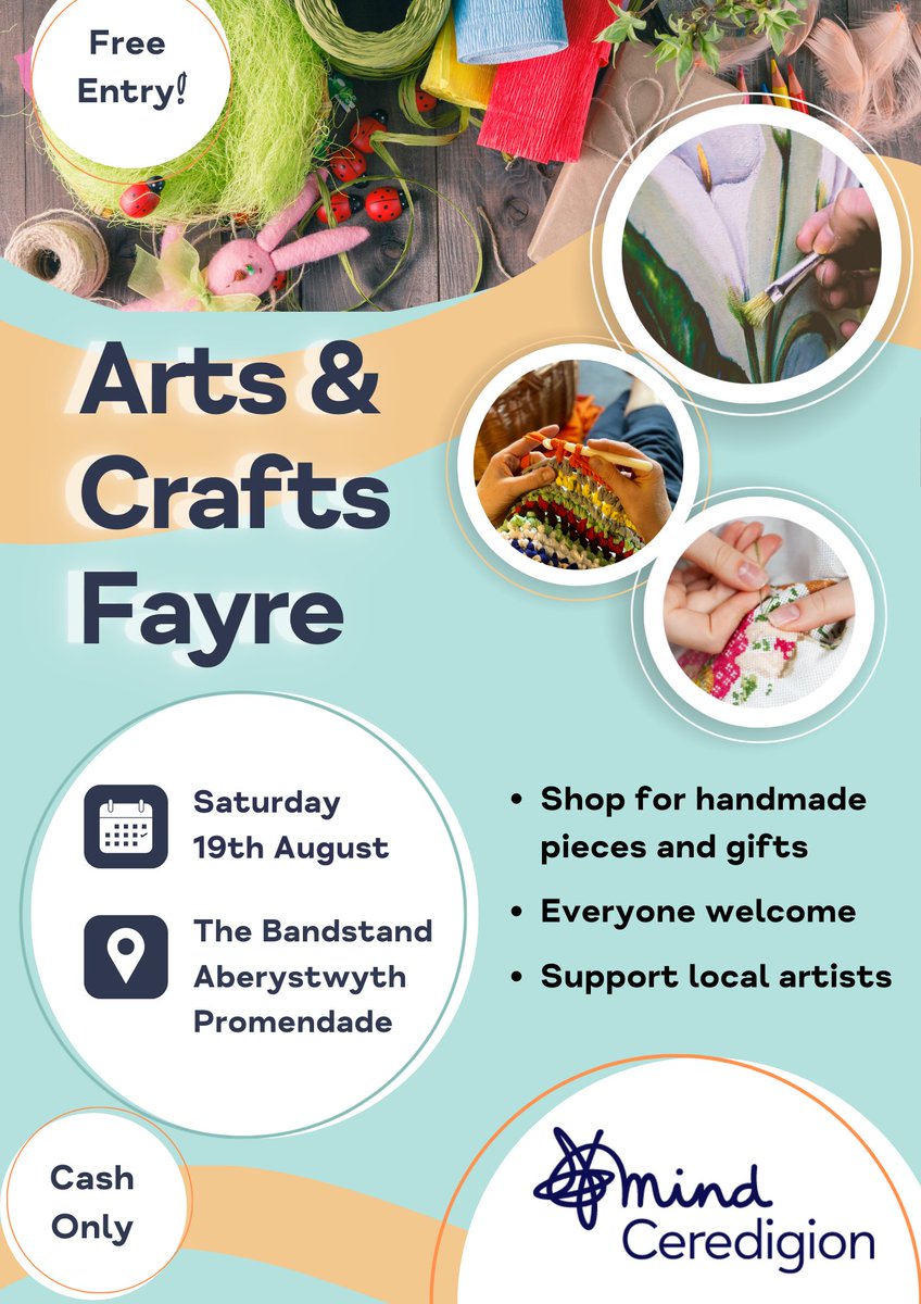 We are excited to announce that there will beArts and Crafts Fayre this summer!
Join us on Saturday the 19th of August from 10am - 4pm at Aberystwyth Bandstand to shop for handmade artwork and gifts and support local artists.
☀️Everyone is welcome
☀️Free entry
☀️Cash only please