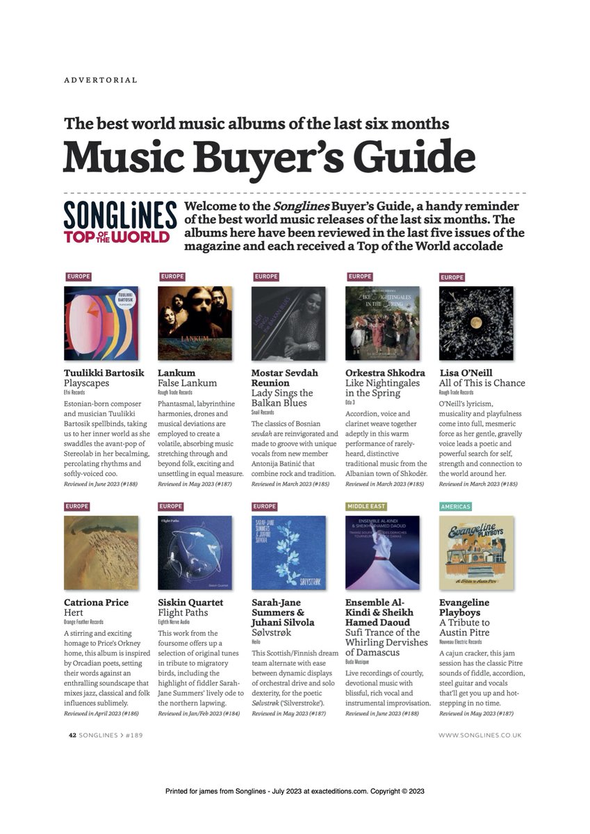 Whoop whoop! @SonglinesMag's Music Buyer's Guide includes not just one but both of our recent releases: @SiskinQuartet's 'Flight Paths', and @juhanisilvola's & my album with chamber orchestra, Sølvstrøk. What great company to be sitting in! Thank you, Songlines!