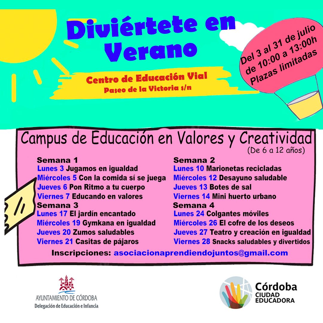 Programa "Diviértete en verano". Inscripciones:

💻 Campus Tecnológico (de 9 a 14 años): bit.ly/3JA0Foo
🚲 Campus Vial, de ingenio y habilidades (de 6 a 12 años). Para grupos en: educoscp@hotmail.com

🎨 Campus de Educación
asociacionaprendiendojuntos@gmail.com
