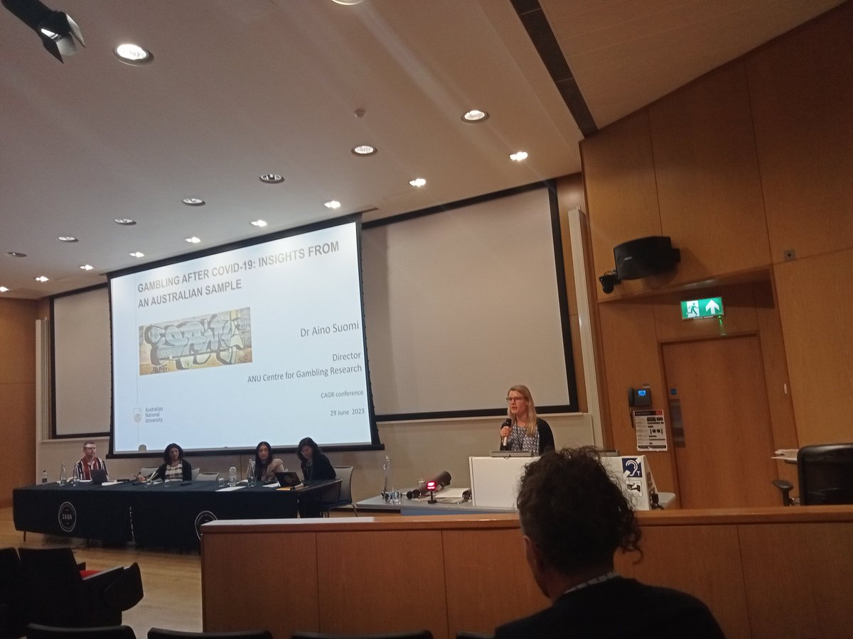 Final speaker on our first panel of the day is <a href="/SuomiAino/">Dr Aino Suomi</a> on "Gambling after COVID19 in Australian population representative longitudinal panel: What is the new normal?"

#CAGR2023