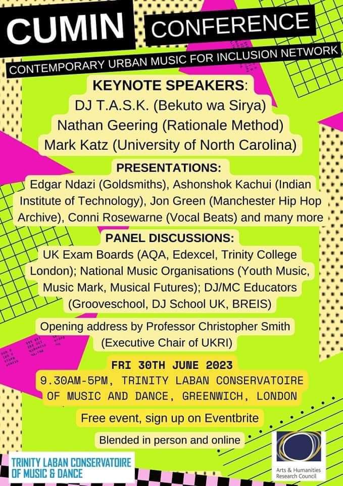 CUMINetwork's tweet photo. Last chance to register for tmrws event.... 

CUMIN - Contemporary Urban Music for Inclusion Network CONFERENCE. Free. Hybrid. Generative.

Online eventbrite registration
https://t.co/oxK4X27v6z

In-person eventbrite registration
https://t.co/xqOTCDnF2f

#cumin2023 https://t.co/LhybSmaQKa