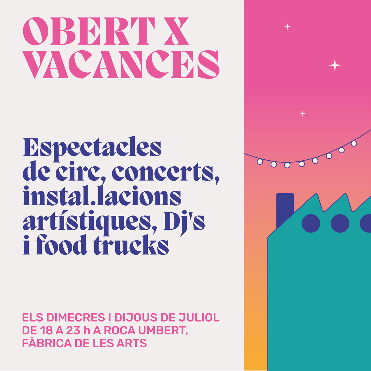 📣 Els dimecres i els dijous de juliol <a href="/rocaumbertfa/">Roca Umbert Fàbrica de les Arts</a> tornarà a estar “Obert X Vacances”
De 18 a 23 h, hi haurà un espai on gandulejar, foodtrucks, instal·lacions artístiques, i DJ’s
També hi haurà circ, concerts, cinema, teatre, dansa...
ℹ: rocaumbert.cat

<a href="/GRN_cultura/">Granollers Cultura</a>