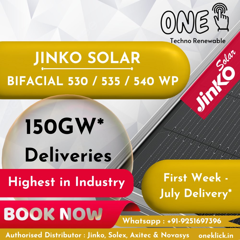 OneklickTechno's tweet photo. 150GW* Deliveries - Highest in Industry
Jinko Solar - 530/535/540 WP
Ready Stock Available in First Week Of July
#SolarPowerRevolution
#CleanEnergyFuture
#RenewableRevolution
#SolarSolutions
#greenenergysolutions
#jinkosolarpanels
#bifacialsolarpanel
#jinkosolar
#Jinko https://t.co/levjhRXXwH