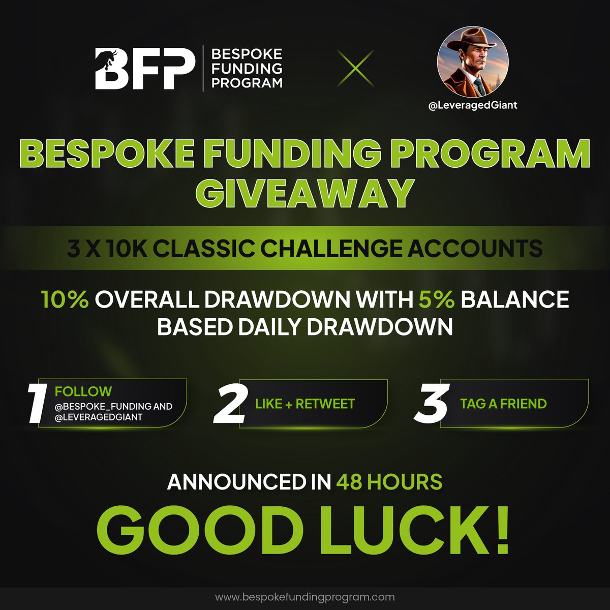 🎁 GIVEAWAY🎁
    
 3  $10k challenge accounts 
To enter 
• LIKE and RETWEET 
•MUST Follow @Bespoke_Funding and  @LeveragedGiant 
• Tag 1 friend.  

Good luck ❤️
⏰48 hrs