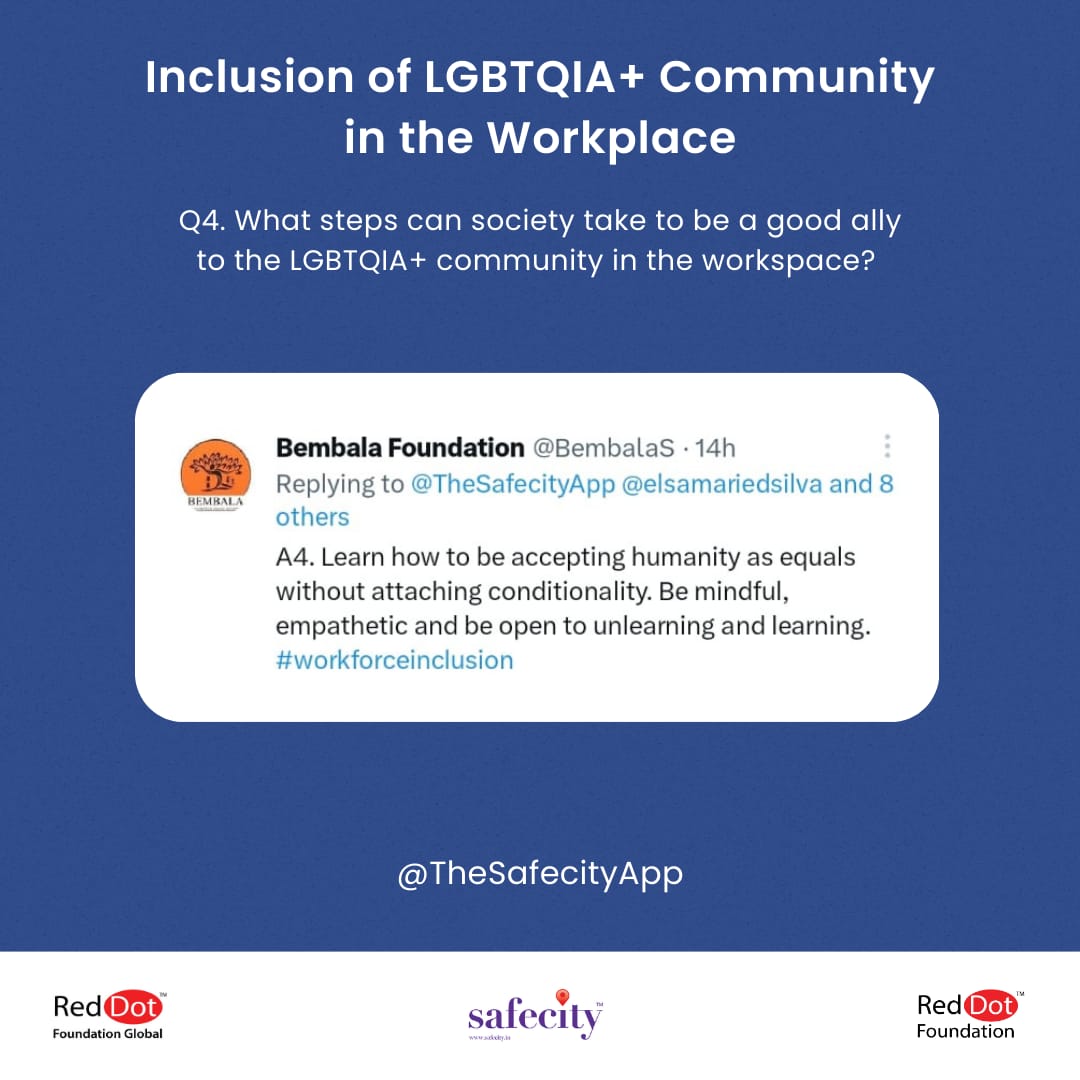 TheSafecityApp's tweet image. Here’s a recap of our #tweetchat with Sqn Ldr Delshad Master (@delsad5) on &quot;Inclusion of LGBTQIA+ Community in the Workplace&quot;

Check out the full recap here: bit.ly/Workforce_Incl…

#WorkforceInclusion

#PrideMonth2023

#Safecity #RedDotFoundation