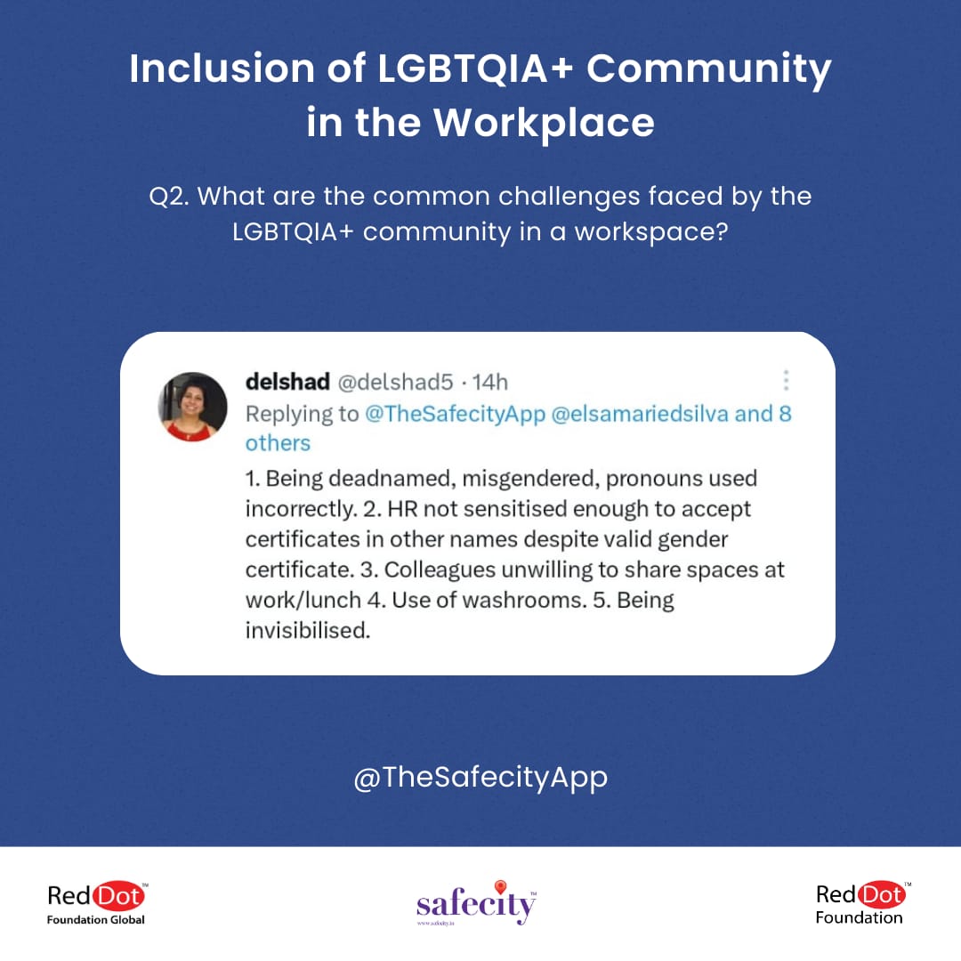 TheSafecityApp's tweet image. Here’s a recap of our #tweetchat with Sqn Ldr Delshad Master (@delsad5) on &quot;Inclusion of LGBTQIA+ Community in the Workplace&quot;

Check out the full recap here: bit.ly/Workforce_Incl…

#WorkforceInclusion

#PrideMonth2023

#Safecity #RedDotFoundation