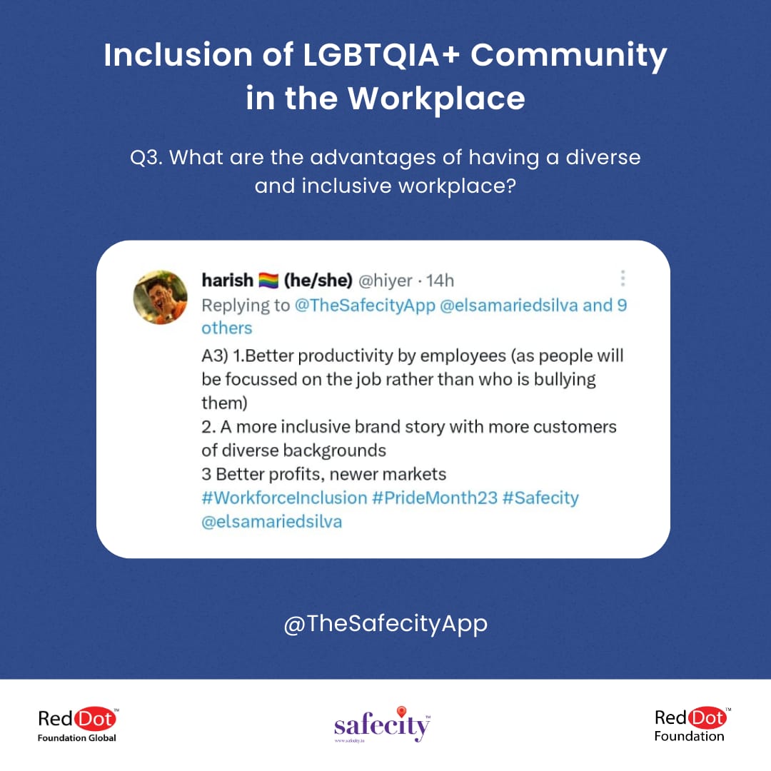 TheSafecityApp's tweet image. Here’s a recap of our #tweetchat with Sqn Ldr Delshad Master (@delsad5) on &quot;Inclusion of LGBTQIA+ Community in the Workplace&quot;

Check out the full recap here: bit.ly/Workforce_Incl…

#WorkforceInclusion

#PrideMonth2023

#Safecity #RedDotFoundation