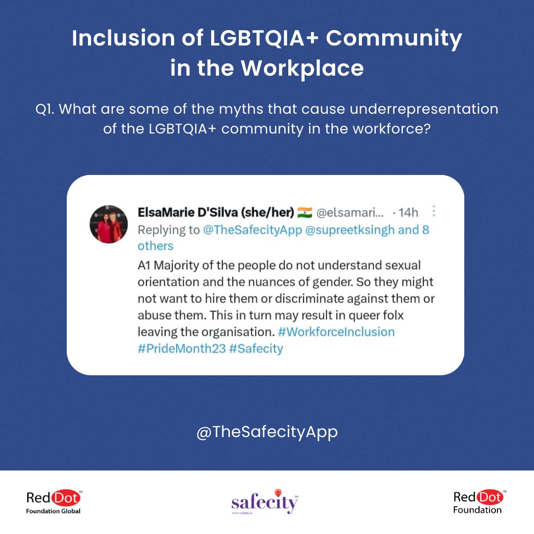 TheSafecityApp's tweet image. Here’s a recap of our #tweetchat with Sqn Ldr Delshad Master (@delsad5) on &quot;Inclusion of LGBTQIA+ Community in the Workplace&quot;

Check out the full recap here: bit.ly/Workforce_Incl…

#WorkforceInclusion

#PrideMonth2023

#Safecity #RedDotFoundation