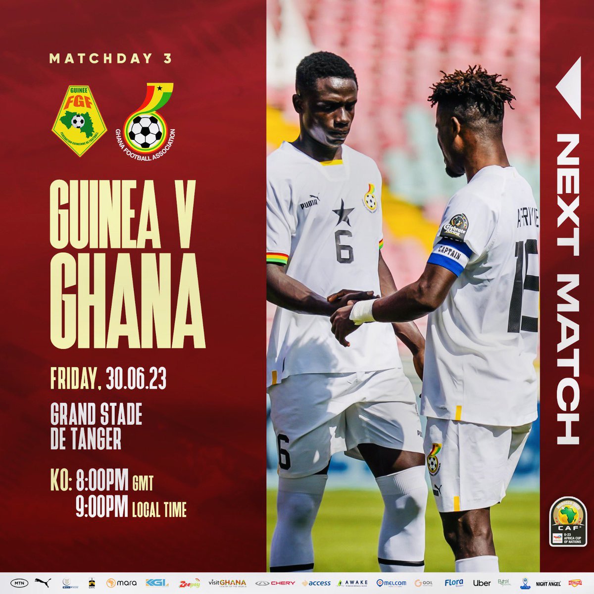 🆙 𝗡𝗘𝗫𝗧 ⏳ 🇬🇭 We will face Guinea in a crunch encounter at the Ibn Batouta Stadium on Friday, June 30, 2023. 👊🏾 ⏱️ Kick Off - 8:00PM GMT #BlackMeteors | #TotalEnergiesAFCONU23