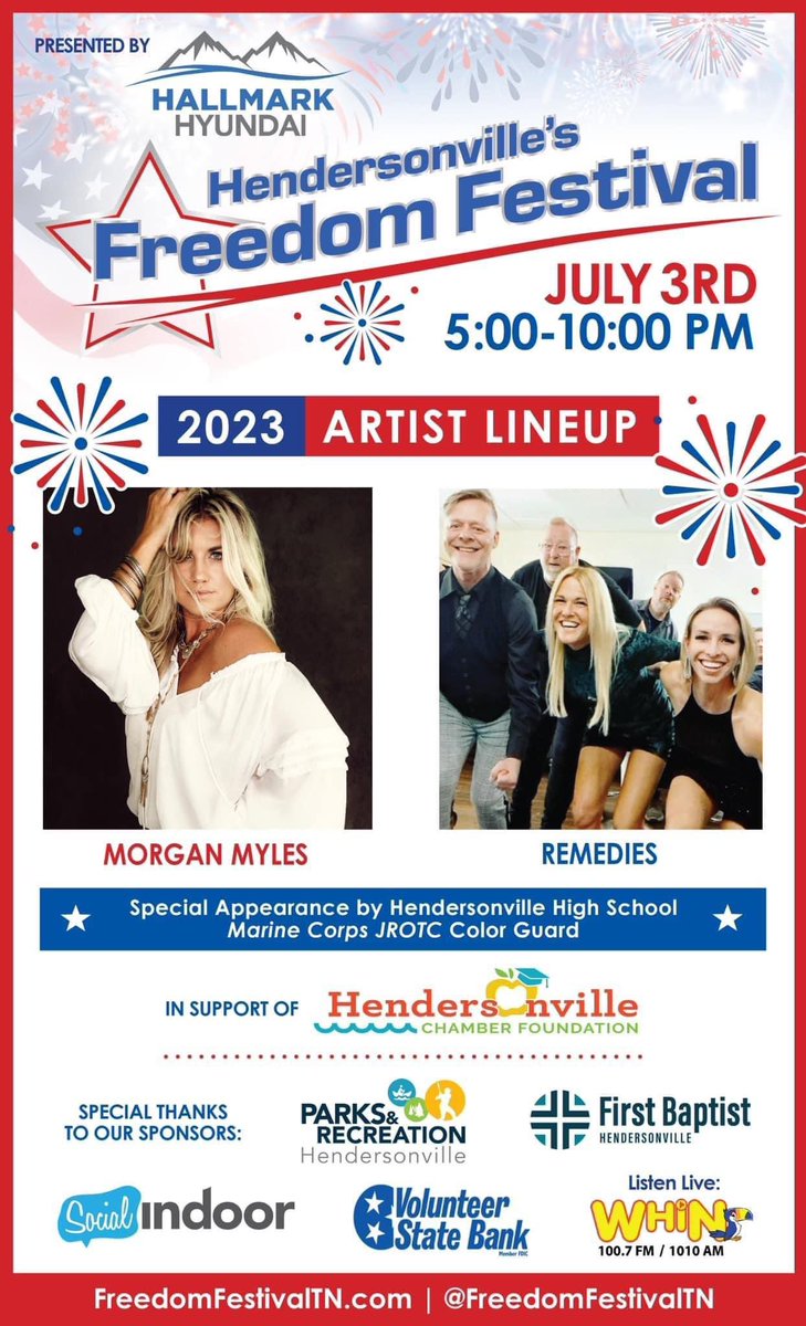 Join us Monday at Drakes Creek Park for the Freedom Festival 2023 Presented by.Hallmark Hyundai  Special performances by   Morgan Myles, The Remedies and our Top 3 Hendersonville Has Talent Finalist plus a special appearance for our People’s Choice winner!