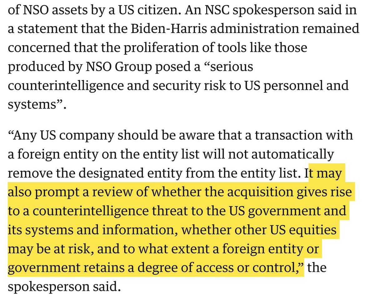 UPDATE: White House issues warning to US investors seeking to acquire notorious  NSO Group, which sells #Pegasus #spyware.

By @skirchy 
theguardian.com/us-news/2023/j…