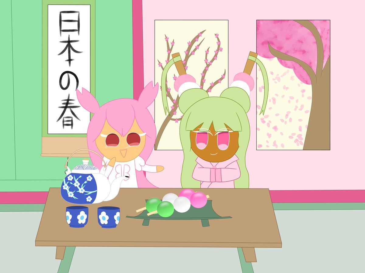 SBakes645's tweet photo. Cherry Blossom Cookie is with Hanami Dango Cookie for a little tea ceremony together along with eating some tri-colored dangos together 🌸🍡 #cookierunkingdom #cookierunkingdomfanart #cookierun #hanamidango #dango @RJigglypuff76 @SirKingpinBoot @ElenaCh40443357 https://t.co/o0OrsgqLsl